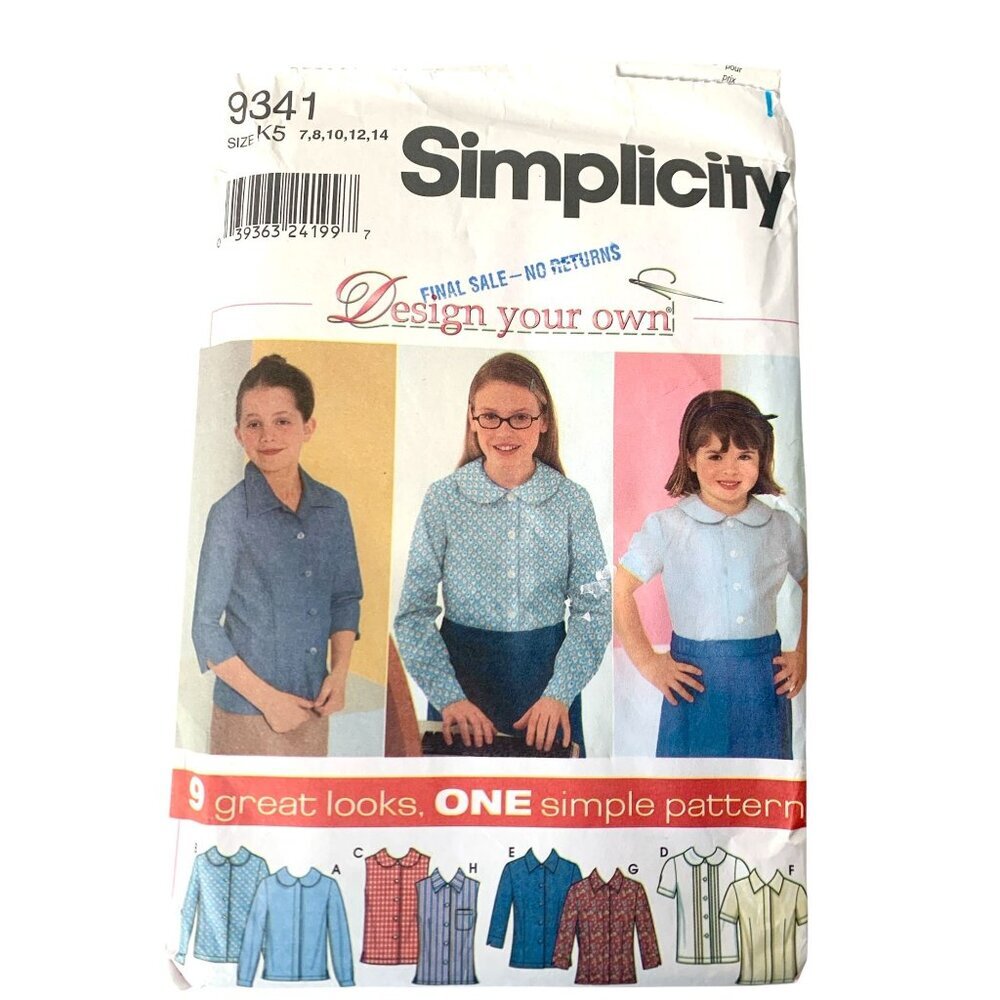 Simplicity 9341 Sewing Pattern Girl's Blouse 9 Variations Collar Sleeves Pocket